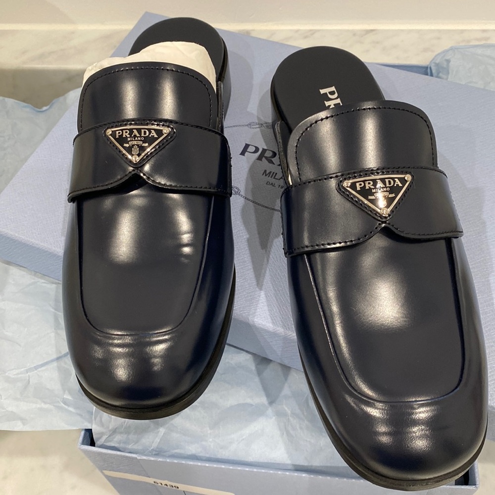 Prada Leather Loafer Slide Mules in navy size 38 1/2